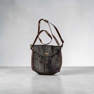 Vintage Chala Charming Black/Brown  Pebbled Leather Whipstitch Crossbody Bag